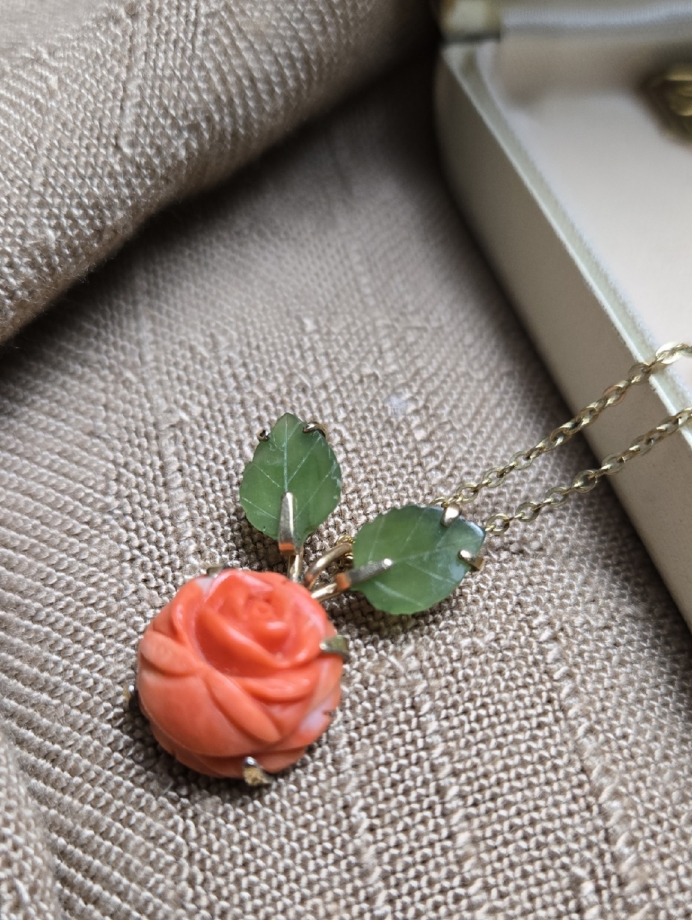 Krementz Coral Rose Pendant Necklace with Green Leaf Accents - Gold Overlay